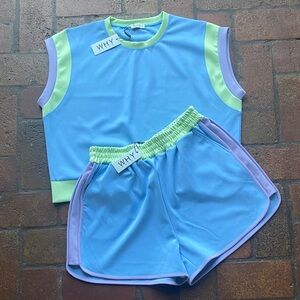 Vibrant Blue Shorts Set with Green and Purple Accents